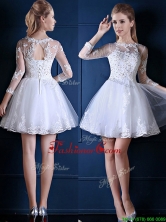 New See Through Scoop Three Fourth Length Sleeves Short Dama Dress in White BMT094FOR