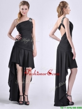 Romantic High Low One Shoulder Black Dama Dress with Criss Cross THPD181FOR