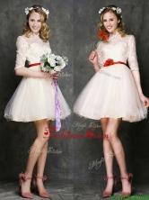 See Through High Neck Half Sleeves Short Dama Dress with Belt BMT0105AFOR