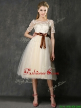 See Through Scoop Short Sleeves Dama Dress with Bowknot and Lace BMT0143BFOR