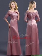 Sweet Off the Shoulder Half Sleeves Dama Dress with Lace and Belt BMT0133FOR
