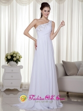 Toowoomba QLD Wholesale Customize Elegant White Column One Shoulder Brush Train Chiffon Beading and Ruch Dama Dress Style MLXN151FOR 