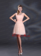 2015 Sweet Belt Mini Length Dama Dresses with V Neck BMT022FFOR