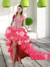 Most Popular Coral Red High-low Dama Dresses with Beading and Ruffled Layers QDDTA17002FOR