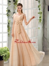 Scoop Ruching Cap Sleeves Chiffon Dama Dresses in Champagne BMT024DFOR