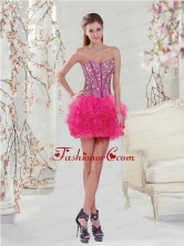 Trendy Beading and Ruffles Hot Pink Dama Dress for 2015 QDDT005AFOR