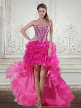 2015 Hot Pink High Low Sweetheart Prom Dresses with Beading and Ruffled Layers LFY091906TZBFOR