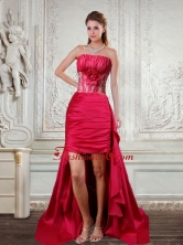 High Low Strapless Ruffled Coral Red Prom Dresses with Hand Made Flower QDZY466TZBFOR