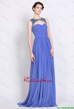 Pretty Bateau Zipper Up Blue Prom Dresses with Brush Train DBEE052FOR