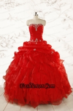 2015 Ball Gown Strapless Beading and Ruffles Red Quinceanera Dress FNAO031FOR