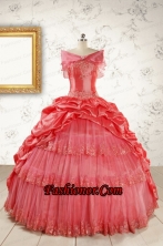 2015 Puffy Appliques Watermelon Quinceanera Dresses with Strapless FNAO147AFOR