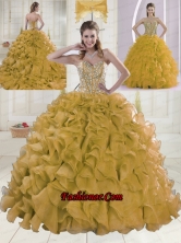 2015 Spring Sweetheart Brush Train Beading Gold Quinceanera Dress XLFY091906B-17FOR