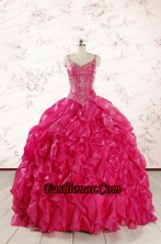 2015 Unique Beading Hot Pink Quinceanera Dresses with Spaghetti Straps FNAO343FOR