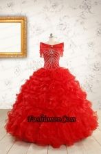 Exquisite Beading and Ruffles Red Quinceanera Gowns with Wrap for 2015 FNAO092AFOR