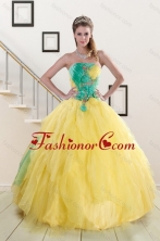 Popular 2015 Strapless Yellow and Green Sweet 15 Dresses with Ruching XFNAO756TZFXFOR