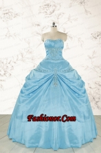2015 Discount Strapless Appliques Sweet 15 Dress in Aqua Blue FNAO087FOR