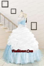 2015 Pretty Halter White and Blue Quinceanera Dress with Beading FNAO085FOR