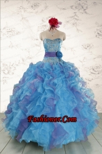 2015 Pretty Strapless Appliques and Ruffles QuinceDress in Multi Color FNAO5735FOR