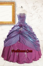 2015 Purple Strapless Quinceanera Dresses with Appliques and Hand Made Flowers FNAO313FOR