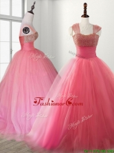Cheap Straps Beading Brush Train Quinceanera Dress in Watermelon Red SWQD117FOR