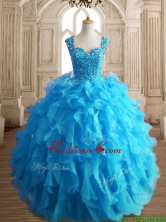 Cheap Straps Beading and Ruffles Quinceanera Dress in Aqua Blue SWQD152-3FOR