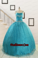Perfect Spaghetti Straps Appliques Sequins Turquoise Quinceanera Dresses for 2015 FNAO715FOR