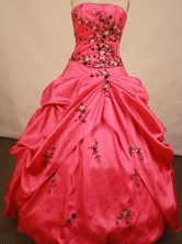 Cheap ball gown trapless floor-length coral red appliques quinceanera dresses FA-X-097