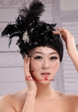 Black Best Sale Hat Flower Wedding Headpieces With Feather Beading  XTH045FOR