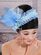 Classical Rhionstones and Feather Decorate On Tulle Baby Blue Headpices For Party  XTH084FOR