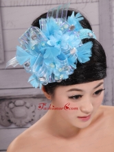 Classical Sky Blue Headpices With Rhionstones and Feather Decorate On Tulle For Party XTH083FOR