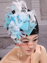 Feather and Rhinestones Decorate Aqua Blue Headpieces XTH090FOR