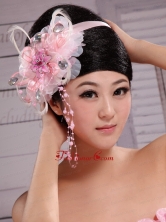 Pink Feather Rhinestones Satin Ribbon Flowers With Pearls For Bridal XTH062FOR