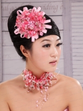 Pink Satin Ribbon and Net Flower With Pearls For Party  XTH071FOR