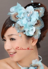 Popular Light Blue Taffeta Tulle Feather Beading Women s Fascinators TH024FOR