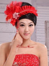 Red Headpiece For Bride Pearl Headdress Feathers XTH043FOR