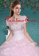 Fashionable Baby Pink Organza Quinceanera Jacket with Beading and Ruffles ACCJA098FOR