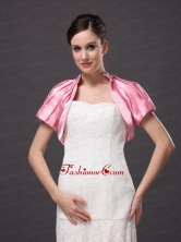 High-neck Satin Rose Pink Short Sleeves Jacket For Other Formal Occasions With Ruch Decorate AFEST189FOR