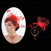 Red Crystal Wedding Jewelry Set With Necklace and Feather Headpiece ACCJSET199FOR