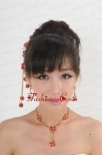 Red Rhinestone Dignified Necklace And Earring Set For Ladies ACCJSET220FOR