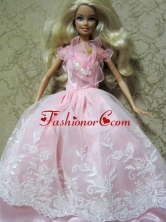 Amazing Pink Handmade Party Colothes Dress With Embroidery For Quinceanera Doll Babidf139for