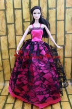 Gorgeous Hot Pink And Black Lace Gown For Quinceanera Doll Babidf210for