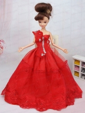 Hand Made Flower And Beading Red Organza Quinceanera Doll Dress Babidf088for