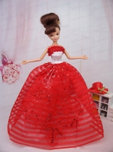 Hand Made Flowers Red Ball Gown Party Clothes Quinceanera Doll Dress Babidf375for