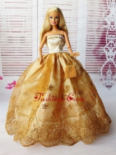 Lovely Ball Gown Handmade Gold Appliques Quinceanera Doll Dress Babidf066for