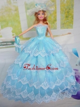 Luxurious Baby Blue Party Clothes For Noble Quinceanera Doll Tulle Babidf291for