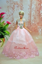 Luxurious Baby Pink Appliques With Flooe-length Wedding Dress For Quinceanera Doll Babidf235for