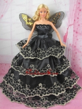 Luxurious Black Strapless Lace Ruffled Layeres Party Clothes Fashion Dress For Noble Quinceanera Babidf392for