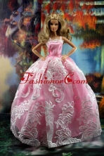 New Embroidery Fashion Princess Pink Dress Gown For Quinceanera Doll Babidf200for