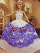 New Fashion Ball Gown White And Purple Dress Gown For Quinceanera Doll Babidf055for