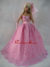 Romantic Rose Pink Strapless Lace Wedding Dress For Quinceanera Doll Babidf390for